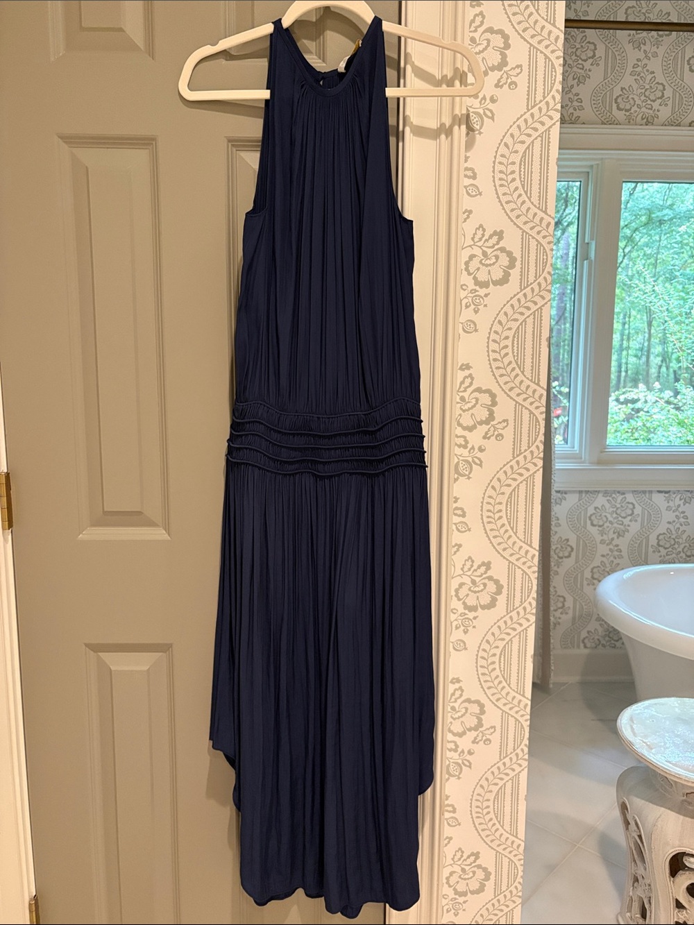 Ramy Brook Navy Pleated Halter Maxi Dress